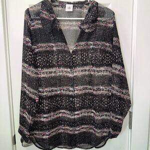 CAbi Paris Black‎ Sheer Print Button Down Blouse Top #3249 Women’s Small